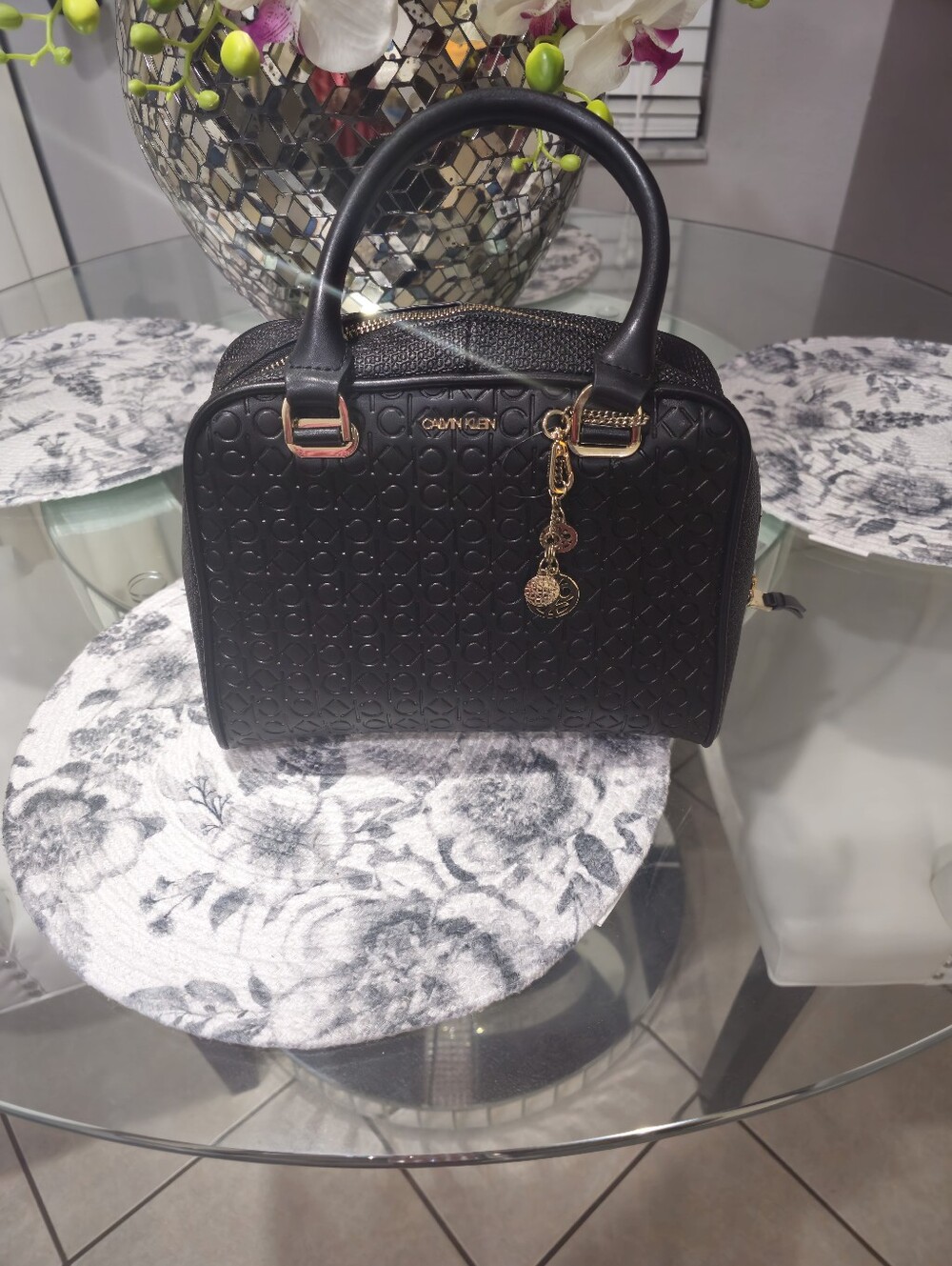 Calvin Klein Black Quilted Satchel Bag with Gold Hardware